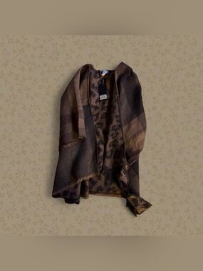 Nine West Reversible Brown Plaid Leopard Rauna with Fringe